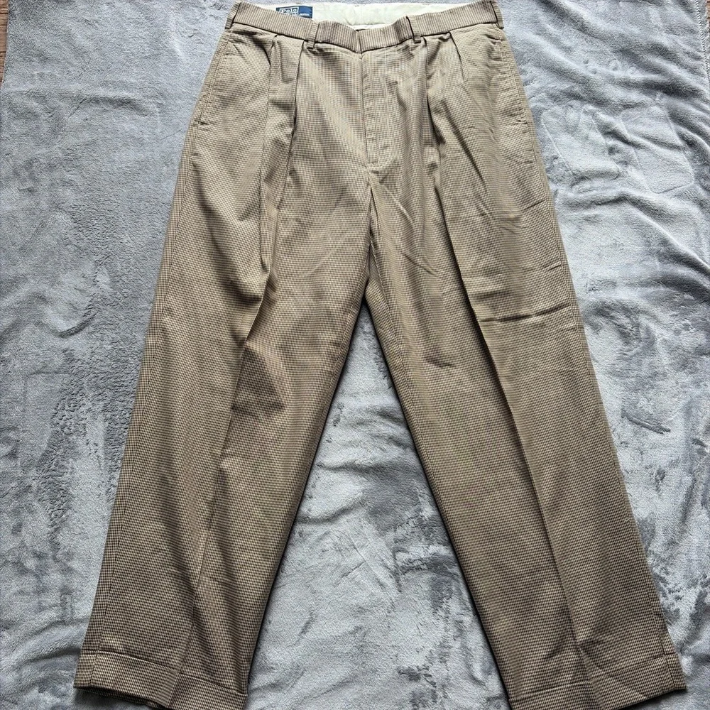 Vintage Polo Ralph Lauren Houndstooth Pleated Cotton Trousers Brown Tan 36x30